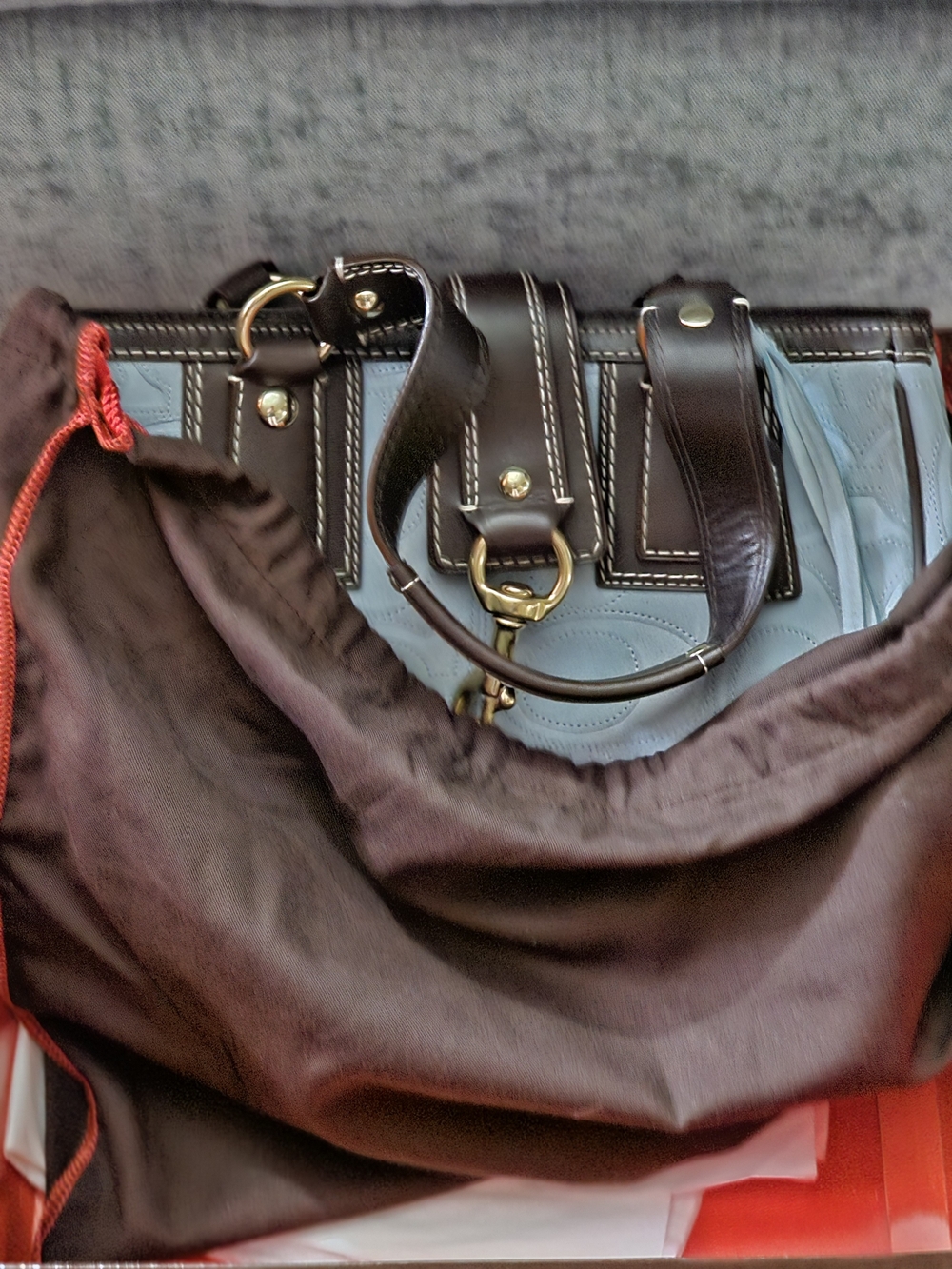 Coach Light Blue Embossed Signature Satchel with Dark Brown Trim - Picture 6 of 7